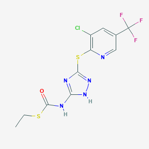 molecular formula C11H9ClF3N5OS2 B428133 S-ethyl 5-{[3-chloro-5-(trifluoromethyl)-2-pyridinyl]sulfanyl}-4H-1,2,4-triazol-3-ylthiocarbamate 