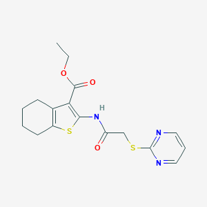 molecular formula C17H19N3O3S2 B428184 Ethyl 2-{[(2-pyrimidinylsulfanyl)acetyl]amino}-4,5,6,7-tetrahydro-1-benzothiophene-3-carboxylate 