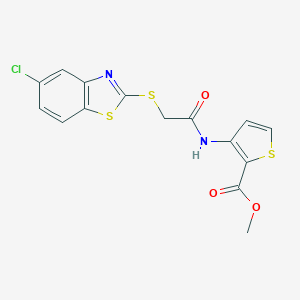 molecular formula C15H11ClN2O3S3 B428246 Methyl 3-({[(5-chloro-1,3-benzothiazol-2-yl)sulfanyl]acetyl}amino)-2-thiophenecarboxylate 