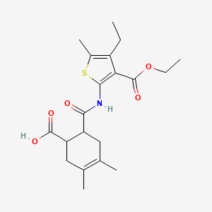molecular formula C20H27NO5S B4283037 6-({[3-(ethoxycarbonyl)-4-ethyl-5-methyl-2-thienyl]amino}carbonyl)-3,4-dimethyl-3-cyclohexene-1-carboxylic acid 