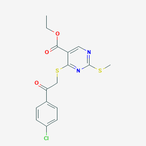 molecular formula C16H15ClN2O3S2 B428312 Ethyl 4-{[2-(4-chlorophenyl)-2-oxoethyl]sulfanyl}-2-(methylsulfanyl)-5-pyrimidinecarboxylate 