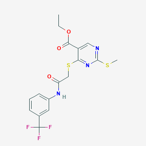 Ethyl 2-(methylsulfanyl)-4-({2-oxo-2-[3-(trifluoromethyl)anilino]ethyl}sulfanyl)-5-pyrimidinecarboxylate