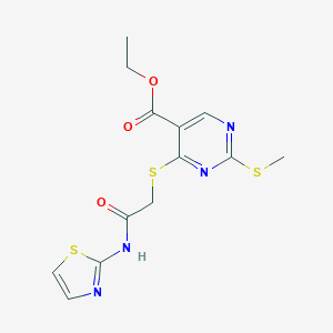 molecular formula C13H14N4O3S3 B428315 Ethyl 2-(methylsulfanyl)-4-{[2-oxo-2-(1,3-thiazol-2-ylamino)ethyl]sulfanyl}-5-pyrimidinecarboxylate 