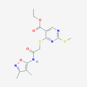 molecular formula C15H18N4O4S2 B428318 Ethyl 4-({2-[(3,4-dimethyl-5-isoxazolyl)amino]-2-oxoethyl}sulfanyl)-2-(methylsulfanyl)-5-pyrimidinecarboxylate 