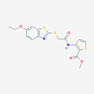 molecular formula C17H16N2O4S3 B428370 Methyl 3-({[(6-ethoxy-1,3-benzothiazol-2-yl)sulfanyl]acetyl}amino)-2-thiophenecarboxylate 