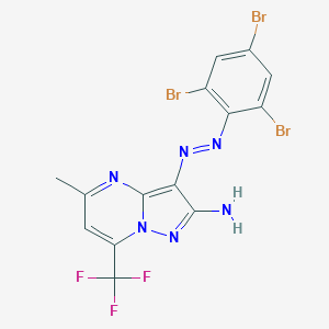 molecular formula C14H8Br3F3N6 B428476 5-Methyl-3-[(2,4,6-tribromophenyl)diazenyl]-7-(trifluoromethyl)pyrazolo[1,5-a]pyrimidin-2-ylamine 