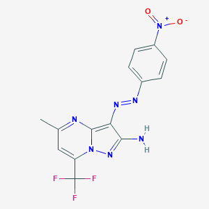 molecular formula C14H10F3N7O2 B428492 2-Amino-3-({4-nitrophenyl}diazenyl)-5-methyl-7-(trifluoromethyl)pyrazolo[1,5-a]pyrimidine 
