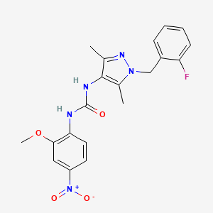 molecular formula C20H20FN5O4 B4285746 N-[1-(2-fluorobenzyl)-3,5-dimethyl-1H-pyrazol-4-yl]-N'-(2-methoxy-4-nitrophenyl)urea 