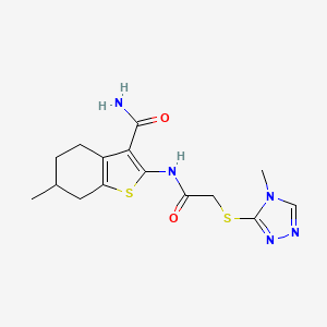 molecular formula C15H19N5O2S2 B4286129 6-methyl-2-({[(4-methyl-4H-1,2,4-triazol-3-yl)thio]acetyl}amino)-4,5,6,7-tetrahydro-1-benzothiophene-3-carboxamide 