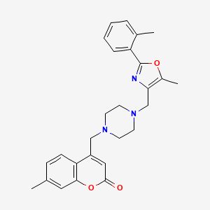 molecular formula C27H29N3O3 B4287742 7-methyl-4-[(4-{[5-methyl-2-(2-methylphenyl)-1,3-oxazol-4-yl]methyl}-1-piperazinyl)methyl]-2H-chromen-2-one 