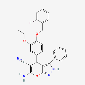 molecular formula C28H23FN4O3 B4287962 6-amino-4-{3-ethoxy-4-[(2-fluorobenzyl)oxy]phenyl}-3-phenyl-1,4-dihydropyrano[2,3-c]pyrazole-5-carbonitrile 