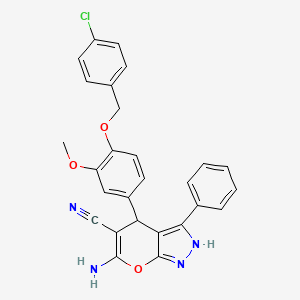 molecular formula C27H21ClN4O3 B4287993 6-amino-4-{4-[(4-chlorobenzyl)oxy]-3-methoxyphenyl}-3-phenyl-1,4-dihydropyrano[2,3-c]pyrazole-5-carbonitrile 