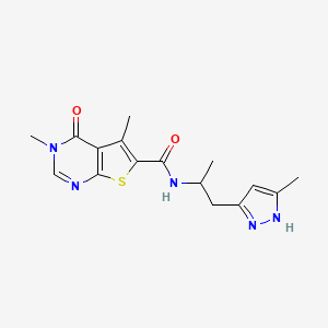 molecular formula C16H19N5O2S B4288466 3,5-dimethyl-N-[1-methyl-2-(3-methyl-1H-pyrazol-5-yl)ethyl]-4-oxo-3,4-dihydrothieno[2,3-d]pyrimidine-6-carboxamide 