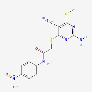 molecular formula C14H12N6O3S2 B4288883 2-{[2-amino-5-cyano-6-(methylthio)pyrimidin-4-yl]thio}-N-(4-nitrophenyl)acetamide 