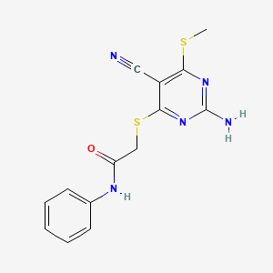 molecular formula C14H13N5OS2 B4288888 2-{[2-amino-5-cyano-6-(methylthio)pyrimidin-4-yl]thio}-N-phenylacetamide 