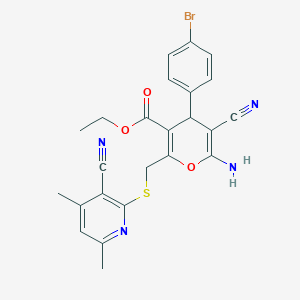 molecular formula C24H21BrN4O3S B4288965 ethyl 6-amino-4-(4-bromophenyl)-5-cyano-2-{[(3-cyano-4,6-dimethylpyridin-2-yl)thio]methyl}-4H-pyran-3-carboxylate 