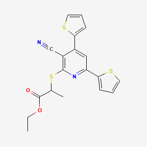 molecular formula C19H16N2O2S3 B4288976 ethyl 2-[(3-cyano-4,6-di-2-thienylpyridin-2-yl)thio]propanoate 