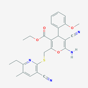 molecular formula C26H26N4O4S B4288982 ethyl 6-amino-5-cyano-2-{[(3-cyano-6-ethyl-5-methylpyridin-2-yl)thio]methyl}-4-(2-methoxyphenyl)-4H-pyran-3-carboxylate 