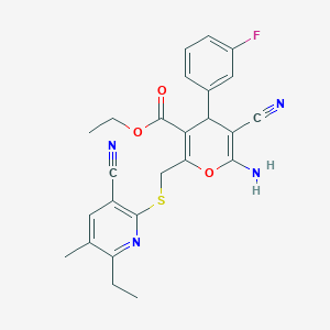 molecular formula C25H23FN4O3S B4288989 ethyl 6-amino-5-cyano-2-{[(3-cyano-6-ethyl-5-methylpyridin-2-yl)thio]methyl}-4-(3-fluorophenyl)-4H-pyran-3-carboxylate 