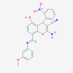 molecular formula C24H18N4O5 B4289202 2-amino-5-hydroxy-8-{[(3-methoxyphenyl)imino]methyl}-4-(2-nitrophenyl)-4H-chromene-3-carbonitrile 