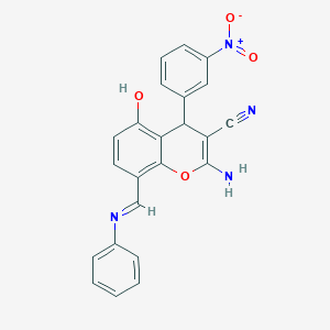 molecular formula C23H16N4O4 B4289402 2-amino-5-hydroxy-4-(3-nitrophenyl)-8-[(phenylimino)methyl]-4H-chromene-3-carbonitrile 