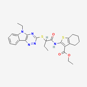 molecular formula C26H29N5O3S2 B4289987 ethyl 2-({2-[(5-ethyl-5H-[1,2,4]triazino[5,6-b]indol-3-yl)thio]butanoyl}amino)-4,5,6,7-tetrahydro-1-benzothiophene-3-carboxylate 