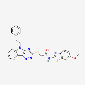 molecular formula C27H22N6O2S2 B4290407 N-(6-methoxy-1,3-benzothiazol-2-yl)-2-{[5-(2-phenylethyl)-5H-[1,2,4]triazino[5,6-b]indol-3-yl]thio}acetamide 