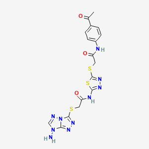 molecular formula C17H16N10O3S3 B4290742 N-[5-({2-[(4-acetylphenyl)amino]-2-oxoethyl}thio)-1,3,4-thiadiazol-2-yl]-2-[(7-amino-7H-[1,2,4]triazolo[4,3-b][1,2,4]triazol-3-yl)thio]acetamide 