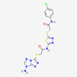 molecular formula C15H13ClN10O2S3 B4290750 2-[(7-amino-7H-[1,2,4]triazolo[4,3-b][1,2,4]triazol-3-yl)thio]-N-[5-({2-[(4-chlorophenyl)amino]-2-oxoethyl}thio)-1,3,4-thiadiazol-2-yl]acetamide 