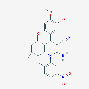 molecular formula C27H28N4O5 B4290977 2-amino-4-(3,4-dimethoxyphenyl)-7,7-dimethyl-1-(2-methyl-5-nitrophenyl)-5-oxo-1,4,5,6,7,8-hexahydroquinoline-3-carbonitrile 