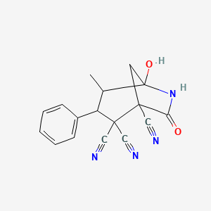 molecular formula C17H14N4O2 B4291342 5-hydroxy-4-methyl-7-oxo-3-phenyl-6-azabicyclo[3.2.1]octane-1,2,2-tricarbonitrile 
