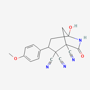 molecular formula C17H14N4O3 B4291408 5-hydroxy-3-(4-methoxyphenyl)-7-oxo-6-azabicyclo[3.2.1]octane-1,2,2-tricarbonitrile 