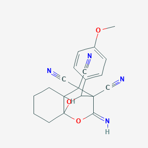 molecular formula C20H18N4O3 B4291414 9-imino-12-(4-methoxyphenyl)-10,11-dioxatricyclo[6.2.2.0~1,6~]dodecane-7,7,8-tricarbonitrile 