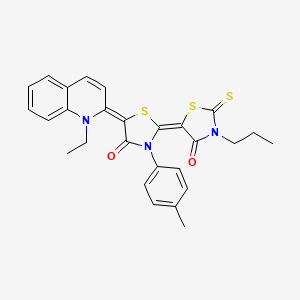 molecular formula C27H25N3O2S3 B4291438 5-(1-ethylquinolin-2(1H)-ylidene)-3-(4-methylphenyl)-3'-propyl-2'-thioxo-2,5'-bi-1,3-thiazolidine-4,4'-dione 