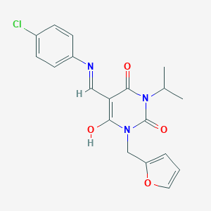 molecular formula C19H18ClN3O4 B429147 5-[(4-chloroanilino)methylene]-1-(2-furylmethyl)-3-isopropyl-2,4,6(1H,3H,5H)-pyrimidinetrione 