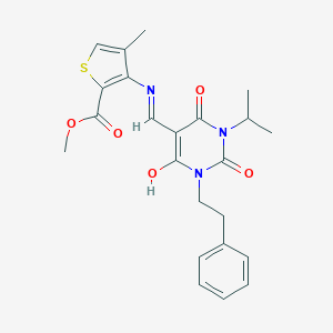 molecular formula C23H25N3O5S B429156 methyl 3-{[(1-isopropyl-2,4,6-trioxo-3-(2-phenylethyl)tetrahydro-5(2H)-pyrimidinylidene)methyl]amino}-4-methyl-2-thiophenecarboxylate 