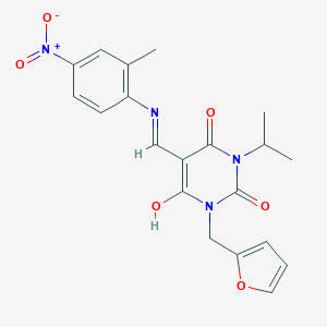 molecular formula C20H20N4O6 B429158 1-(2-furylmethyl)-5-({4-nitro-2-methylanilino}methylene)-3-isopropyl-2,4,6(1H,3H,5H)-pyrimidinetrione 