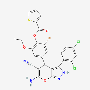molecular formula C26H17BrCl2N4O4S B4291650 4-[6-amino-5-cyano-3-(2,4-dichlorophenyl)-1,4-dihydropyrano[2,3-c]pyrazol-4-yl]-2-bromo-6-ethoxyphenyl thiophene-2-carboxylate 