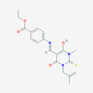 molecular formula C19H21N3O4S B429171 ethyl 4-{[(1-methyl-3-(2-methyl-2-propenyl)-4,6-dioxo-2-thioxotetrahydro-5(2H)-pyrimidinylidene)methyl]amino}benzoate 