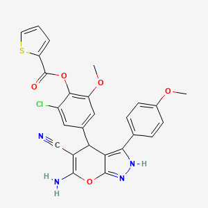 molecular formula C26H19ClN4O5S B4291770 4-[6-amino-5-cyano-3-(4-methoxyphenyl)-1,4-dihydropyrano[2,3-c]pyrazol-4-yl]-2-chloro-6-methoxyphenyl thiophene-2-carboxylate 