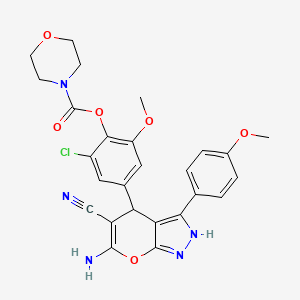 molecular formula C26H24ClN5O6 B4291779 4-[6-amino-5-cyano-3-(4-methoxyphenyl)-1,4-dihydropyrano[2,3-c]pyrazol-4-yl]-2-chloro-6-methoxyphenyl morpholine-4-carboxylate 