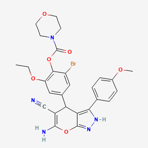 molecular formula C27H26BrN5O6 B4291809 4-[6-amino-5-cyano-3-(4-methoxyphenyl)-1,4-dihydropyrano[2,3-c]pyrazol-4-yl]-2-bromo-6-ethoxyphenyl morpholine-4-carboxylate 