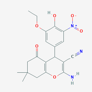 molecular formula C20H21N3O6 B4291821 2-amino-4-(3-ethoxy-4-hydroxy-5-nitrophenyl)-7,7-dimethyl-5-oxo-5,6,7,8-tetrahydro-4H-chromene-3-carbonitrile 