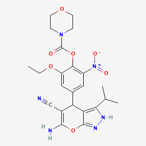 molecular formula C23H26N6O7 B4291822 4-(6-amino-5-cyano-3-isopropyl-1,4-dihydropyrano[2,3-c]pyrazol-4-yl)-2-ethoxy-6-nitrophenyl morpholine-4-carboxylate 