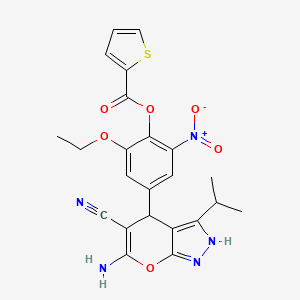 molecular formula C23H21N5O6S B4291829 4-(6-amino-5-cyano-3-isopropyl-1,4-dihydropyrano[2,3-c]pyrazol-4-yl)-2-ethoxy-6-nitrophenyl thiophene-2-carboxylate 