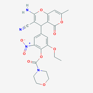 molecular formula C23H22N4O9 B4291830 4-(2-amino-3-cyano-7-methyl-5-oxo-4H,5H-pyrano[4,3-b]pyran-4-yl)-2-ethoxy-6-nitrophenyl morpholine-4-carboxylate 