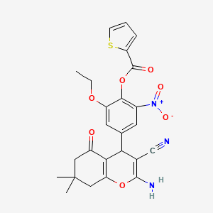molecular formula C25H23N3O7S B4291843 4-(2-amino-3-cyano-7,7-dimethyl-5-oxo-5,6,7,8-tetrahydro-4H-chromen-4-yl)-2-ethoxy-6-nitrophenyl thiophene-2-carboxylate 