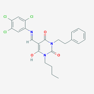 molecular formula C23H22Cl3N3O3 B429187 1-butyl-3-(2-phenylethyl)-5-[(2,4,5-trichloroanilino)methylene]-2,4,6(1H,3H,5H)-pyrimidinetrione 