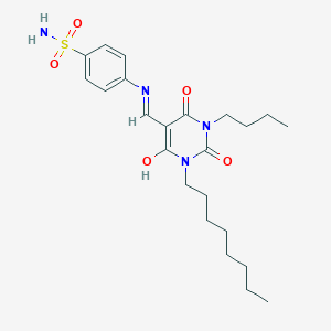 molecular formula C23H34N4O5S B429201 4-{[(1-butyl-3-octyl-2,4,6-trioxotetrahydro-5(2H)-pyrimidinylidene)methyl]amino}benzenesulfonamide 