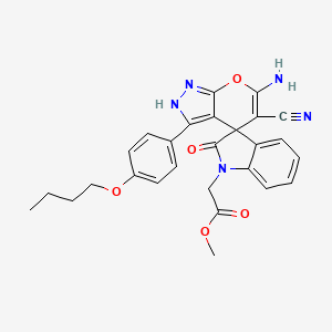 molecular formula C27H25N5O5 B4292023 methyl [6'-amino-3'-(4-butoxyphenyl)-5'-cyano-2-oxo-1'H-spiro[indole-3,4'-pyrano[2,3-c]pyrazol]-1(2H)-yl]acetate 